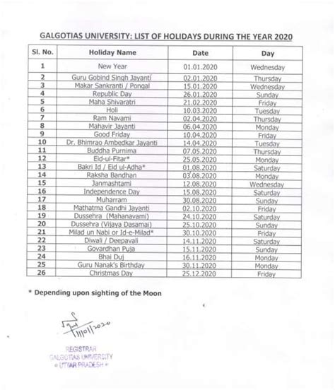 GALGOTIAS UNIVERSITY Holiday List 2024-24