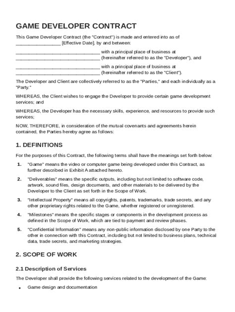 Game Developer Contract Template | Free Contract Template PDF - coolestguyplanet.net