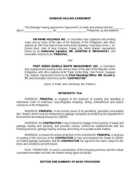 Garbage and Refuse Hauling Agreement Sample Contracts - raincitystudios.com