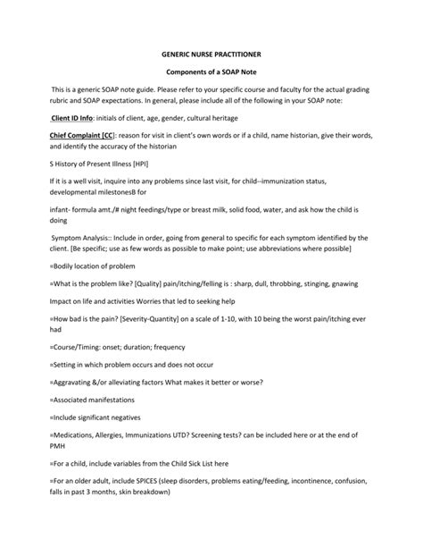 GENERIC NURSE PRACTITIONER Components of a SOAP Note