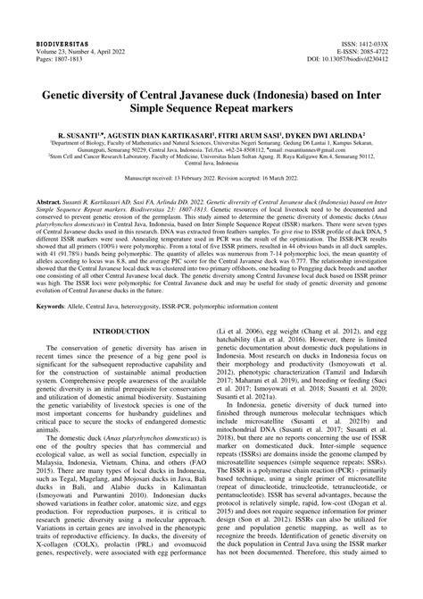 Genetic diversity of Central Javanese duck (Indonesia) based on Inter ... - raincitystudios.com