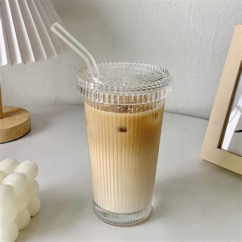 Glass Tumbler with Straw Coffee Milk Water Bottles with Plastic Lid ... - raincitystudios.com