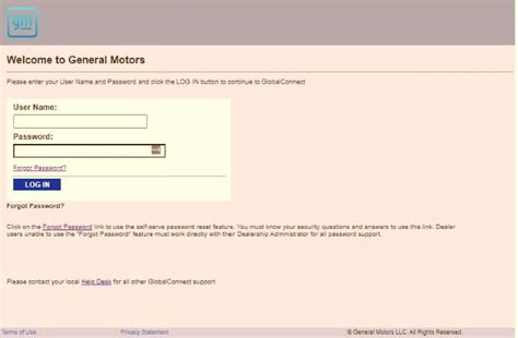 GM GlobalConnect Log in at