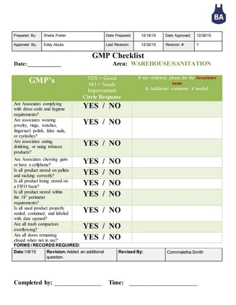 GMP checklist WAREHOUSESANITATION