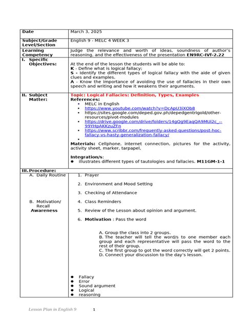 Grade 9 DLP: Understanding Types of Logical Fallacies in English - balustradellc
