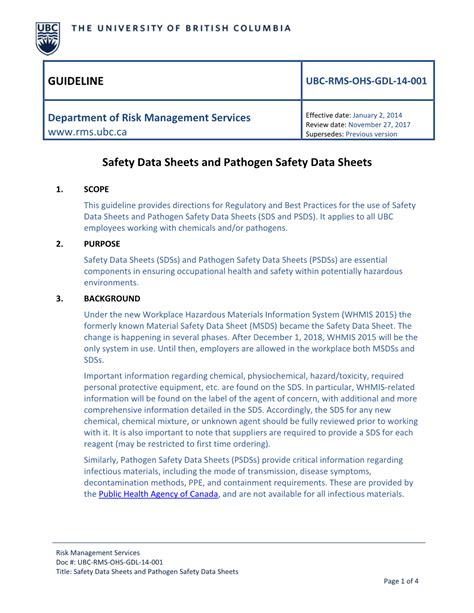 GUIDELINE Safety Data Sheets and Pathogen Safety Data Sheets DocsLib