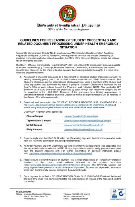 GUIDELINES FOR RELEASING OF STUDENT CREDENTIALS AND RELATED DOCUMENT