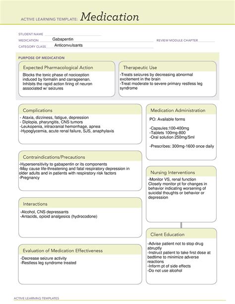 Gabapentin medication template. View Gabapentin Med Card.pdf from NURSING 2407 at Rasmussen College, New Port Richey. ACTIVE LEARNING TEMPLATE: Medication STUDENT NAME_ gabapentin (Neurontin) MEDICATION_ REVIEW MODULE 