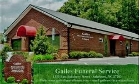 Gailes Funeral Home Service With Dignity And Care. Who We Are. Our Staff; Our Locations; Our Calendar; Contact Us; Directions; Send Flowers; ... Asheboro, NC 27203 View Obituary Funeral Service for Barbara Bostic-Gibson 2:00 PM. Wesley Chapel AME Zion Church 1017 Brewer Street Asheboro, NC 27203. 