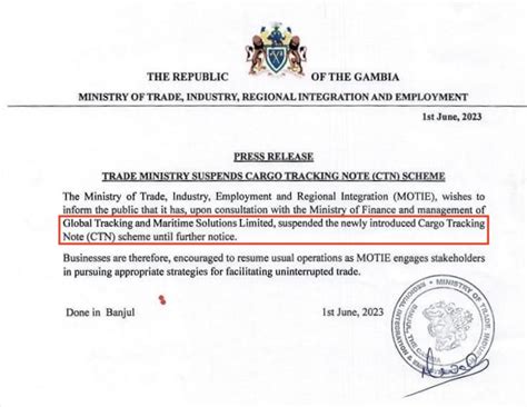 Gambia CTN Cargo Tracking Note ITR Logistics and Trade