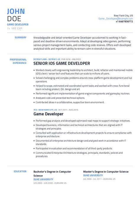 Game Developer Resume Example With Content Sample CraftmyCV