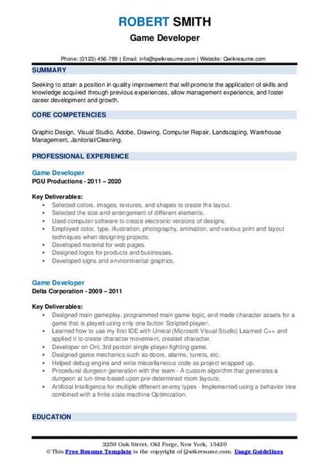 Game Developer Resume Samples QwikResume