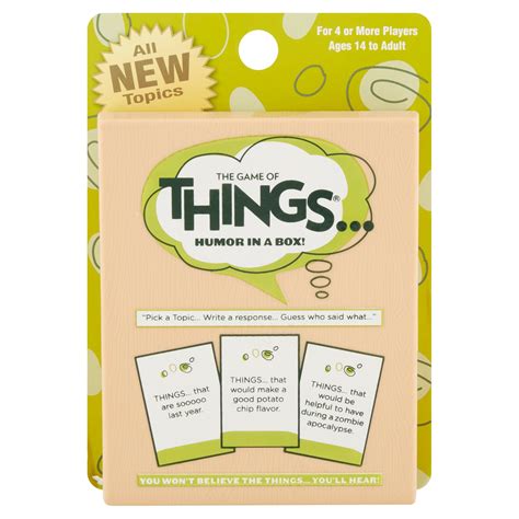 The Game of THINGS. . . comes with 300 topic cards, response pad, score pad, 8 pencils, and instructions. It’s a laugh-out ….