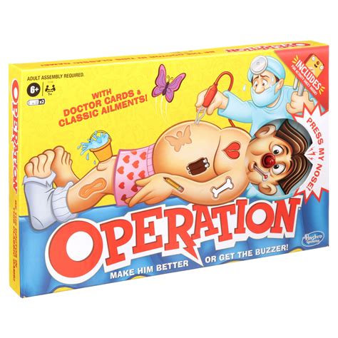 Hasbro Operation Reinvention: Classic game of skill. Fun sound effects, squishy and slippery ailments. Convenient clipboard and storage tray to keep everything together. Features two skill levels. Includes the game tray with the patient, Cavity Sam, tweezers and 13 removable parts. Instructions included. For 1 or more players, ages 6 and up. . 
