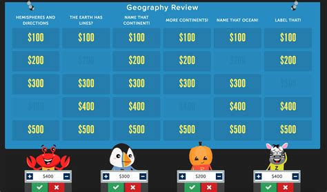 Jeopardy. Jeopardy is another one of those review games that may take a while, but is definitely worth the effort. Like the classic game show, pick 6 categories on things you're studying in the current lesson. For each category, create 5 questions going from easy to hard and worth different amounts of points - Starting at 100 and going to 500.. 