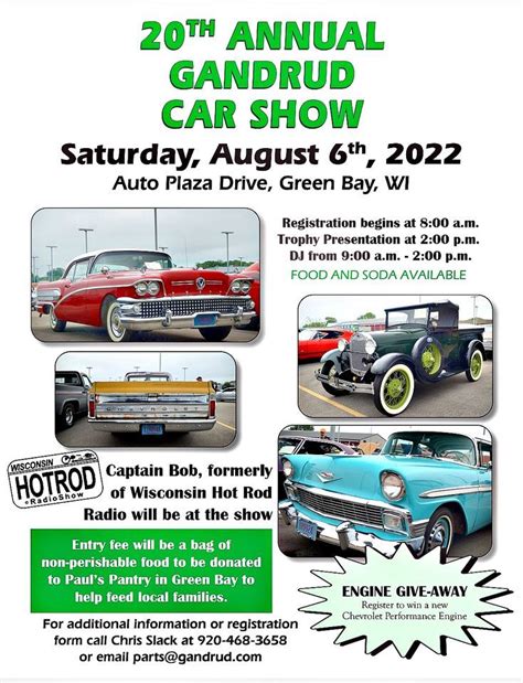 Gandrud car show 2023. Gandrud Classic Car Show. Auto Plaza Drive, Green Bay, WI. Map Unavailable. Date/Time Date(s) – August 6, 2022 ... ALL Pontiac Car Show. Car Club. Cars on the ... 