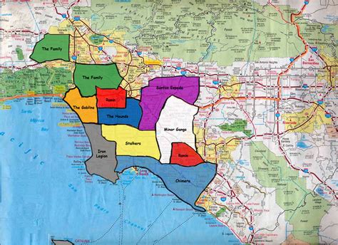 Gang map of california. Pink- Red Rag Sureno Gang. Brown- Southside Mexican Crew or gang that hasnt been on the books to became part of the 13 Roll Call. Green- Lincoln Park Bloods. Light Red- 5-9 Brims and Oceanside Bloods. Dark Red- San Diego Piru Gangs. light grey- Ofarrel Banksters. Dark Grey- EMGB. 