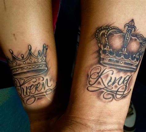 The Royal Crowns Tattoo. Royal crown tattoos are one of the coolest and chic kings and queen tattoos. This tattoo is perfect for you if you want to get something that would represent royalty other than actually getting tattoos of a king and queen. This tattoo includes a small black inked crown that has a vintage royal design and some jewels if .... 