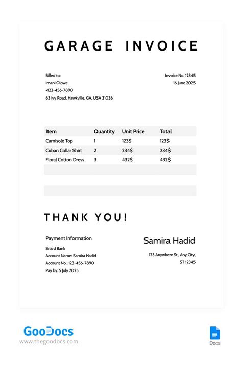 Garage Invoice Template In Google Docs and Microsoft Word