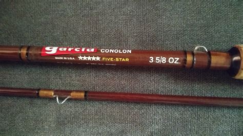 Garcia conolon fishing pole. Good discussion on Abu Garcia rods, Frank! I have a later 4-Star with an alligator-pattern vinyl grip, 5 1/2" medium action crimson blank, 4 guides and a tip-top, and an older Conolon 3-Star 6' medium action olive-color blank, with cork handle, 5 guides and a tip-top. 