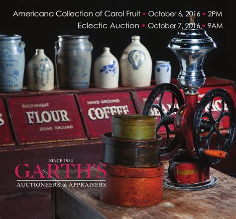 Garths auction. Auction Information 400+ LOTS featuring Painted & Formal Furniture, Decorative Accessories and Folk Art including weathervanes, Shaker stencil decorated bucket, apothecary glass display globe, Jack-o-lantern parade lantern, Sunderland luster pitchers and … 