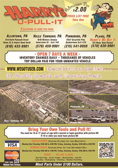 HOURS. Monday thru Saturday 8 a.m. to 4 p.m. Last admission 3 p.m. Closed on Sunday. D's U Pull It is Pennsylvania's number one U Pull It used auto parts center. Serving Wilkes Barre, Scranton, Hazleton, Pocono Mountain. We carry used heavy duty truck parts, . 