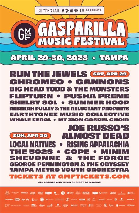 Gasparilla music festival 2023. Gasparilla Music Festival 2023 Lineup Announced. This year’s Gasparilla Music Festival will feature headliners Run The Jewels and Joe Russo’s Almost Dead at Curtis Hixon Waterfront Park in downtown Tampa, FL, on April 29-30. Run The Jewels will headline Friday with support from Chromeo, Cannons, Big Head Todd and The Monsters, flipturn ... 