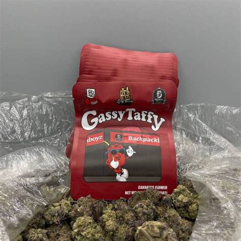 Gassy taffy strain. Gassy Taffy Backpack Boyz. TYPE CONCENTRATE : INDICA ; THC : 53.63% ; 1 PACK : $40 ; EFFECTS : Euphoric | Happiness | Relaxation | Uplifted ; FLAVORS : Citrus Peel Soap, Skunky. Perfect strain for those looking to achieve a relief from stress and anxiety, this weed is extremely calming. 