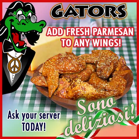 Gators wings. Gator Ted's is North Burlington's premium sports restaurant and entertainment complex!! A Burlington Tradition since 1994 is getting bugger and better!! Featuring 50 Plasma TV's, 6 - 103" Projector Screens and 12 Satellite feeds. Join us every Friday for Live Entertainment...just look at the entertainment 