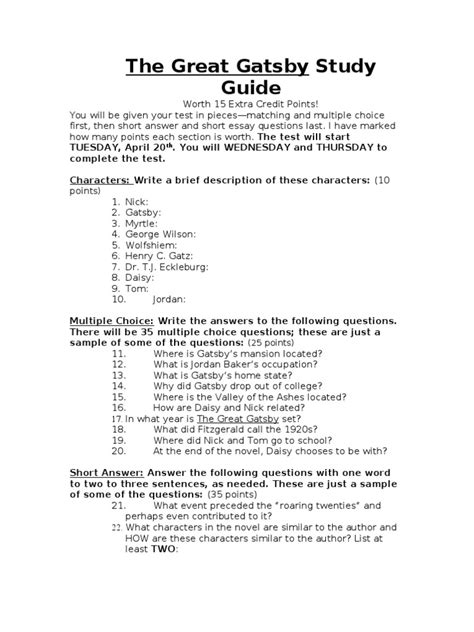 Gatsby study guide answers for entire packet. - Pipo - carpeta de actividades 1 - 3 aos.