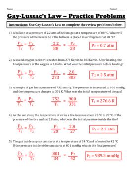 Gay Lussac Law Worksheet Answers
