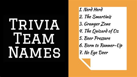 Sep 14, 2022 · Often groups choose funny trivia team names that mean something to them. A pub quiz team might use a song or movie reference that makes everyone laugh. When groups find a great trivia team name, they often stick with it for a long time. It becomes their “brand” in a sense. 55 unique team names. Here are some of the best trivia team names I ... 