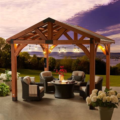 GZMR. 13.1-ft x 9.2-ft Gazebos Dark Gray Fabric Rectangle Grill Gazebo. • The pergola design to against the wall can reduce the use of space, and the sloping design of the canopy allows the water to drain out more quickly. • Outdoor pergola frame is made of lightweight and durable powder-coated aluminum to resist fading, rust and corrosion.. 