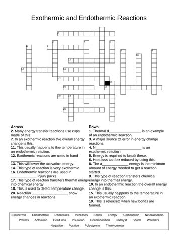 Gcse Crossword Exothermic And Endothermic Reactions Teaching Resources