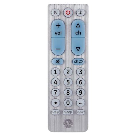 Ge 2-device big button universal tv remote control codes. 2. press and release the chosen device button (e.g., tv, cbl, dvd, aud). 3. enter the first 4-digit code for your device. the red light will turn off. 4. point the remote at the device and test the buttons. if they don’t work as expected, repeat steps 1 … 