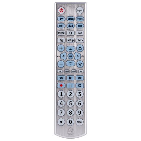 Ge 6-device universal remote control backlit silver 33712 code list. GE 6-Device Universal Remote Control, Backlit, Silver, 33712 FULLY BACKLIT Find buttons easily in dark or dimly lit rooms with the soft-blue LEDs MULTI-DEVICE CONTROL - Operate up to 6 different audio and video components such as TVs, Blu-Ray/DVD Players, Cable/Satellite Receivers, Roku boxes and other Streaming Media Players, Soundbars and More 