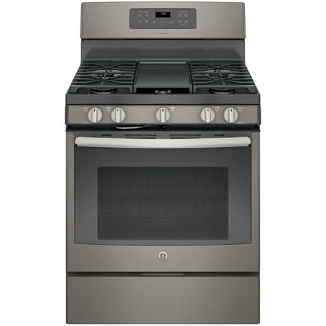Adora series by GE® 30" Free-Standing Gas Convection Range Model #: JGB720SEJSS 4.6 (2099) Write a review 1/14 Sale $638.30 $1,199.00 Save $560.70 (47%) Rebates & Offers Two extra-large Power Boil burners Edge-to-edge cooktop Extra-large integrated non-stick griddle Dimensions: 47 1/4 H x 30 W x 29 1/2 D Learn More > Color: Stainless Steel/Gray. 