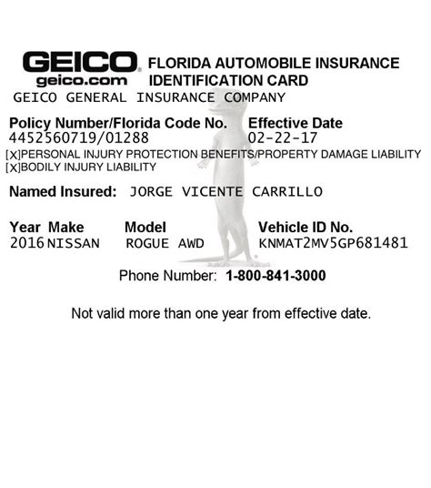 Geico insurance card example. This coverage is required by most states to legally drive your vehicle. Liability coverage is broken down into 2 parts: property damage and bodily injury. Property damage coverage pays for damage to another person's property. Bodily injury coverage provides payment for others injured in an accident. We can help you get the coverage you need. 