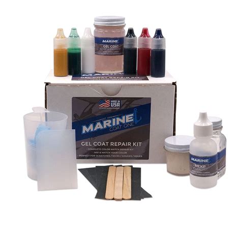 Gel coating repair. All-in-one gel coat kit for touch-up and hull repair. Thickness comparable to latex paint. The box include 225ml (best value) of white or black gel coat, hardener, 2 sticks, 2 cups, 1 pigmentation for reaching the perfect off-white, 1 glove, 2 pieces of sandpaper and instructions. 