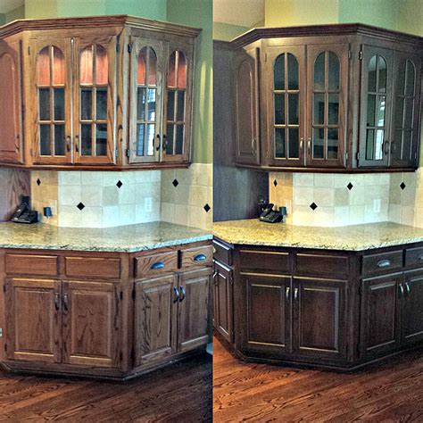 Gel stain cabinets. Saturate a cleaning rag with the Clean Slate and rub over the surface of the furniture, turning the side of the rag to pick up the grime. The color of the furniture may darken temporarily from the Clean Slate. Let it dry for 15 minutes. Then you are ready to stain. 