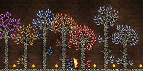 Gem trees terraria. Terraria. All Discussions Screenshots Artwork Broadcasts Videos Workshop News Guides Reviews ... Chopping down a Gem Tree will yield 10-20 Stone Blocks, 0-5 Gemcorns of the tree's type, and 0-5 Gems of the tree's type (To be more precise, each tile of the tree has a 1/10 chance of dropping a gem (if it doesn't drop a gem, it'll always drop ... 