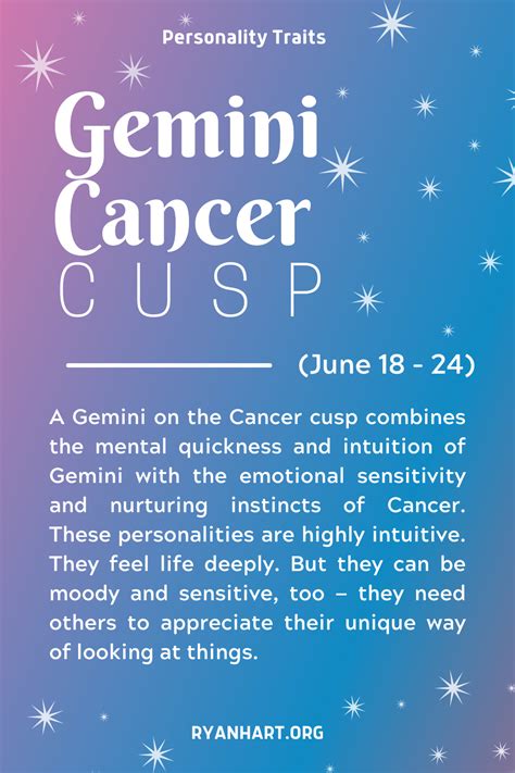 The Gemini-Cancer cusp spans from approximately June 18 to June 24, creating a bridge between the airy and intellectual world of Gemini and the emotional and nurturing realm of Cancer. Individuals born on this cusp possess a compelling mix of qualities. On one hand, they exhibit the sociable and communicative nature of Gemini.. 