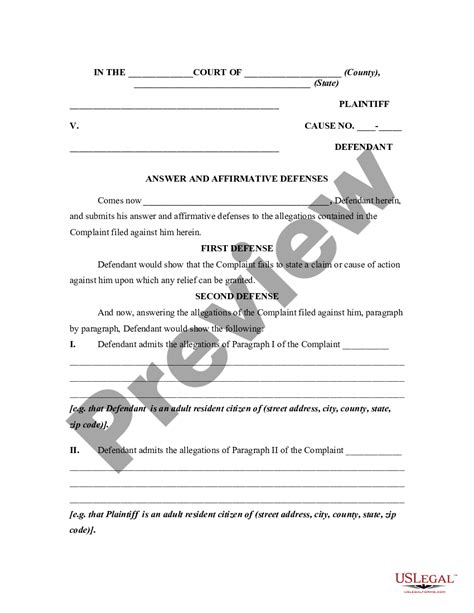 General Form of an Answer by Defendant in a Civil Lawsuit Debt