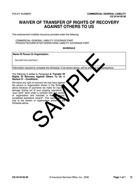General Liability Waiver Of Subrogation Endorsement Form Form
