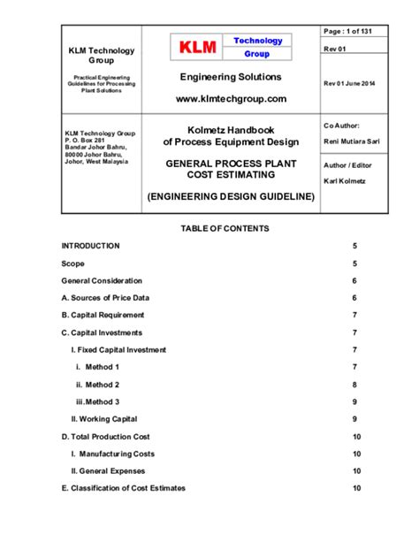 General Process Plant Cost Estimating Engineering