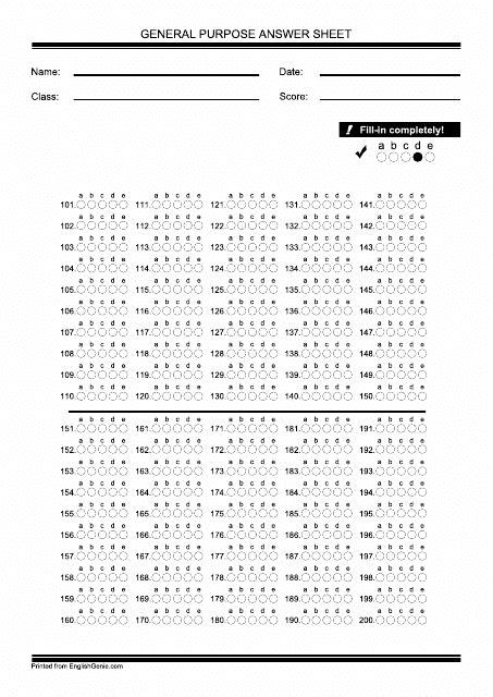 General Purpose Multiple Choice Answer Sheet Download Printable PDF