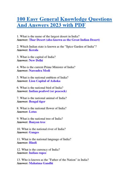 General knowledge questions and answers pdf.  Knowledge, Answer, General Knowledge Quest...