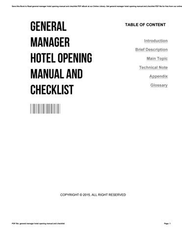 General manager hotel opening manual and checklist. - Manuals clowns in conversation with modern masters.