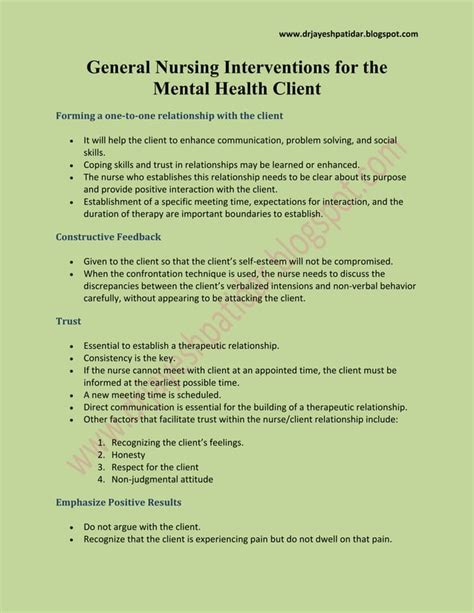 General nursing interventions for the mental health client