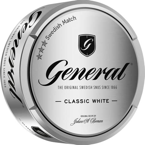 In General's selection of snus, you'll find General's classic loose snus that have more or less stayed the same since 1886 and that is now also available in an extra strong version. General offers portion snus as well that are available in different types (Original- and White Portion), flavors (tobacco-bergamot, mint and wintergreen) and portion sizes (Regular and Mini).
